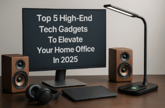 A stylish home office environment with a curved ultra-wide monitor, LED desk lamp with wireless charger, compact stereo speakers, and black Bluetooth headphones arranged neatly on a matte wood desk.