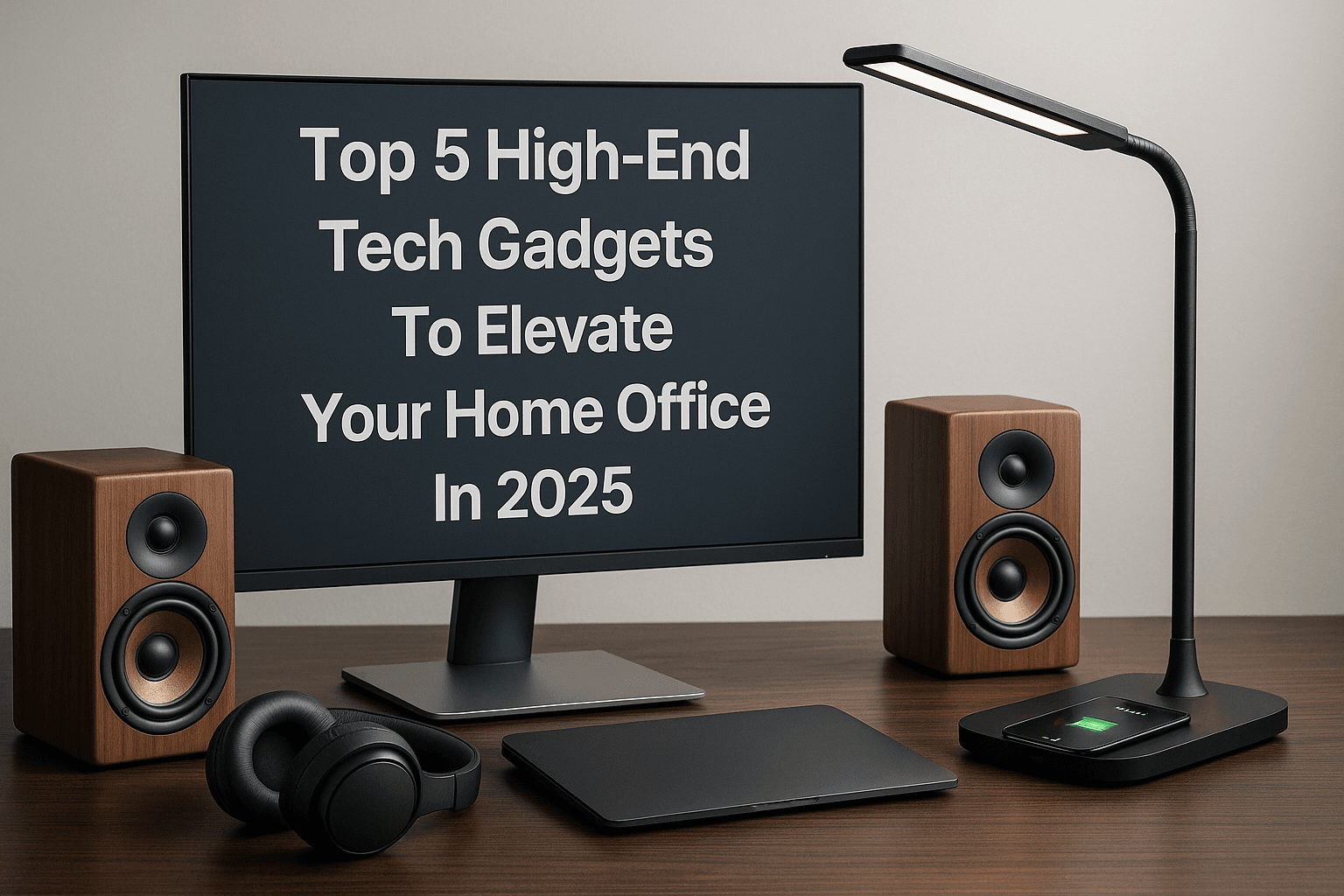A stylish home office environment with a curved ultra-wide monitor, LED desk lamp with wireless charger, compact stereo speakers, and black Bluetooth headphones arranged neatly on a matte wood desk.