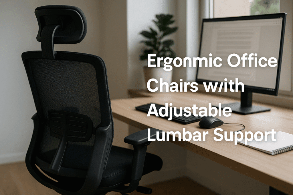 A rear view of an ergonomic office chair with mesh back and adjustable lumbar support next to a desk with a monitor. Text overlay reads “Ergonomic Office Chairs with Adjustable Lumbar Support