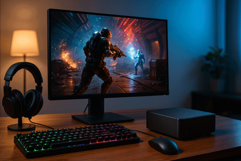 An advanced gaming rig with a mini PC, widescreen monitor showing an action-packed battle scene, RGB keyboard, gaming mouse, and high-fidelity headphones, enhanced by soft warm and cool lighting accents.