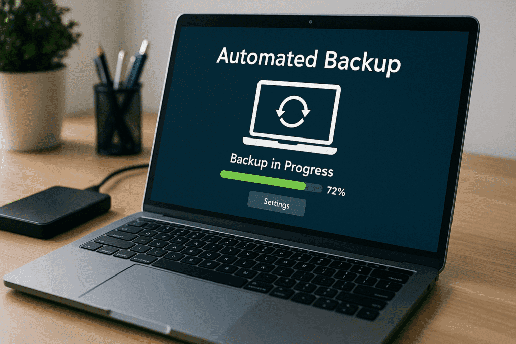 A modern laptop displaying an automated backup process screen, with a progress bar and external hard drive connected, highlighting hands-free data protection solutions