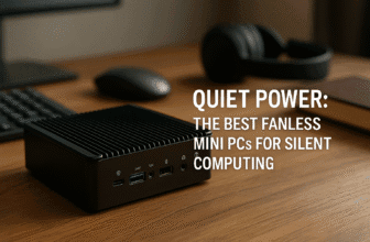 A modern desktop setup with a fanless mini PC in focus, surrounded by icons for silence, performance, and energy efficiency, representing a quiet computing environment