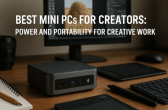 A photo-realistic desktop featuring a sleek mini PC beside dual monitors showing creative projects, representing compact power for video editing and design professionals