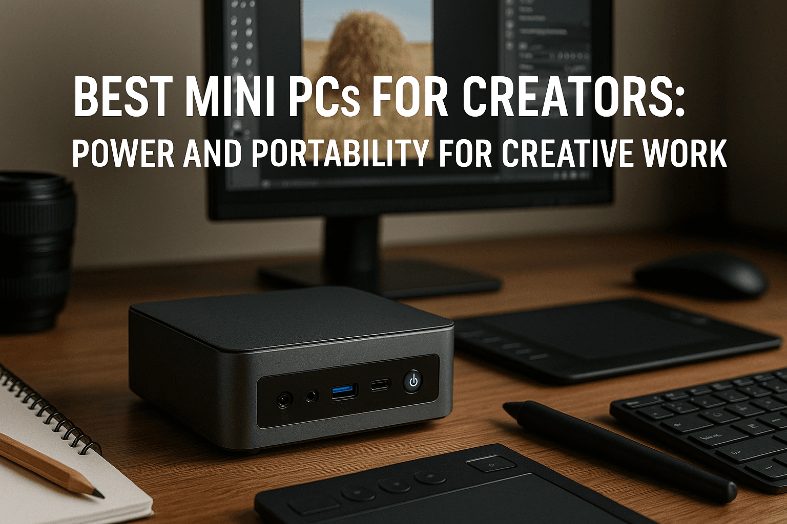 A photo-realistic desktop featuring a sleek mini PC beside dual monitors showing creative projects, representing compact power for video editing and design professionals