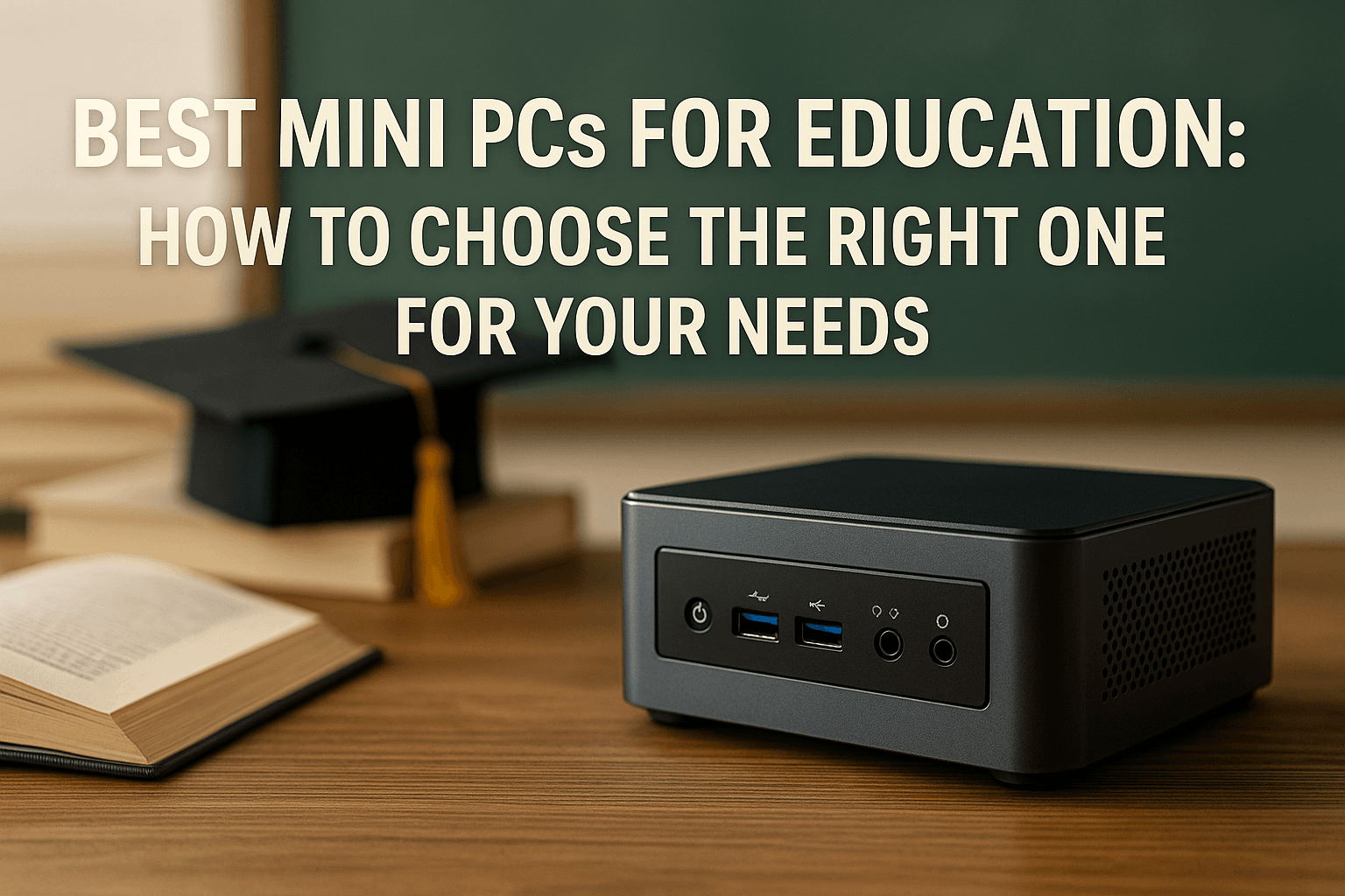 A sleek mini PC on a wooden desk with a graduation cap and books in the background, overlaid with the text "BEST MINI PCs FOR EDUCATION: HOW TO CHOOSE THE RIGHT ONE FOR YOUR NEEDS."