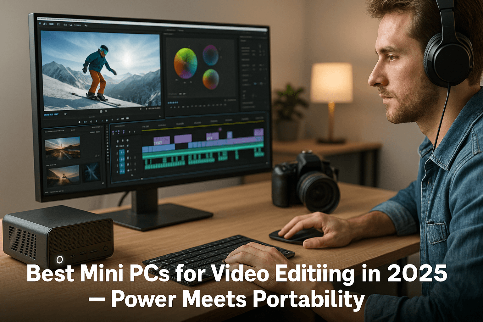 A focused video editor wearing headphones works at a wooden desk with a widescreen monitor showing editing software and the text “Best Mini PCs for Video Editing in 2025 — Power Meets Portability,” alongside a mini PC and DSLR camera