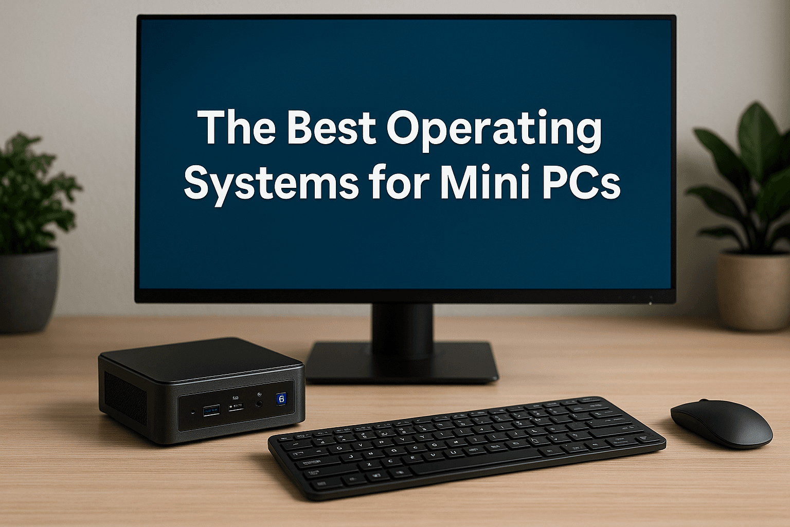 A clean, modern mini PC setup surrounded by icons of popular operating systems like Windows, macOS, Linux, and ChromeOS, illustrating the best OS options for mini PCs in 2025.