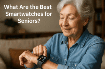 A smiling senior woman wearing a denim shirt checks her smartwatch while sitting in a cozy living room, showcasing technology use among older adults.