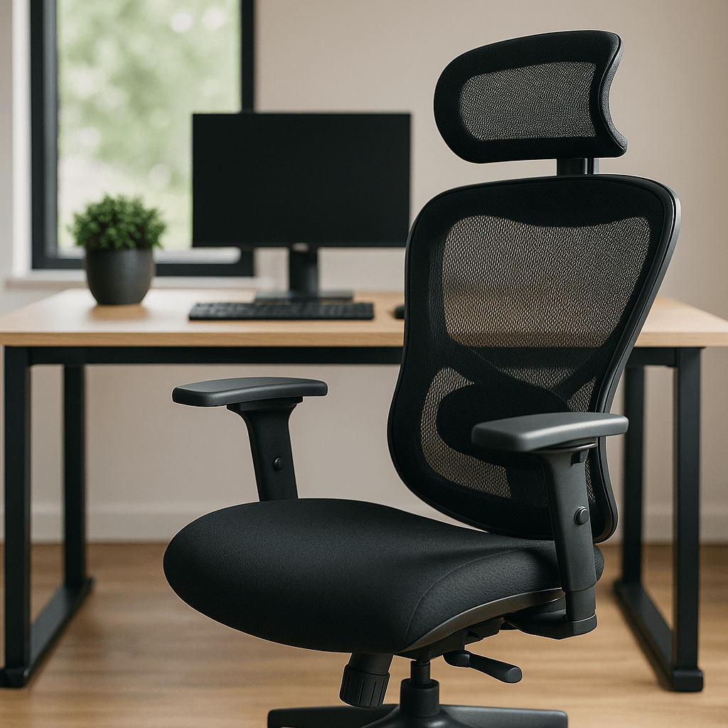 A black ergonomic mesh chair with cushioned seat and headrest is positioned near a tidy wood desk with a monitor and plant, bathed in natural daylight in a clean home office setting.