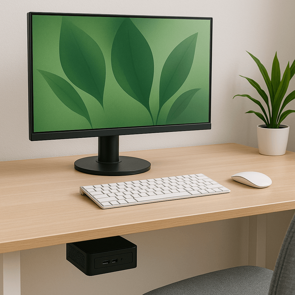 A tidy office workspace featuring a wireless keyboard, monitor, and a mini PC mounted under the desk, promoting cleaner and more productive work environments