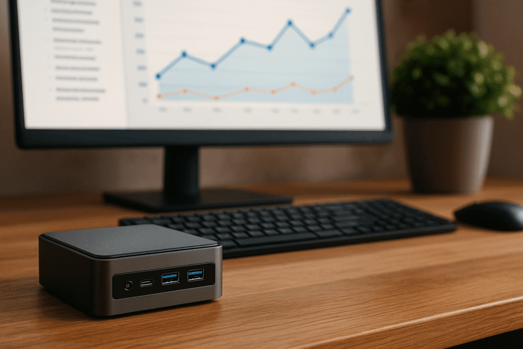A slim, passively cooled mini PC mounted in a digital signage kiosk, operating silently in a public commercial space with zero fan noise