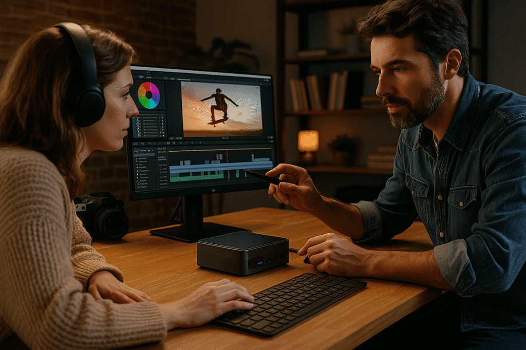 A male content creator editing a video timeline on dual monitors powered by a compact mini PC, with studio lighting and a microphone setup in view