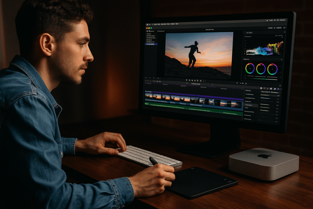 A content creator working on video editing software using a Mac Mini with macOS Sonoma, surrounded by creative peripherals like a graphic tablet and color-calibrated monitor.