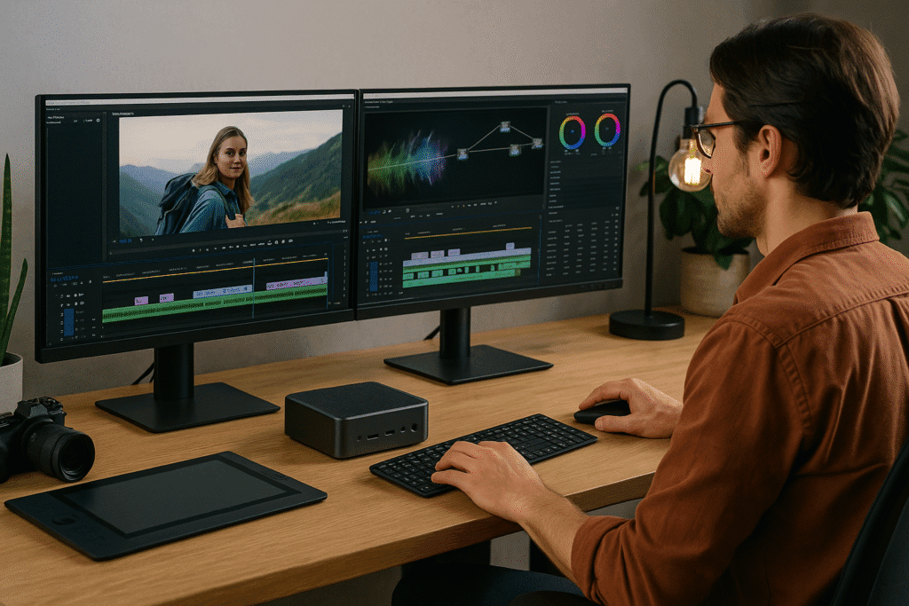 A creative professional editing video content on a mini PC with dual ultra-wide monitors, surrounded by accessories like a drawing tablet and studio lighting