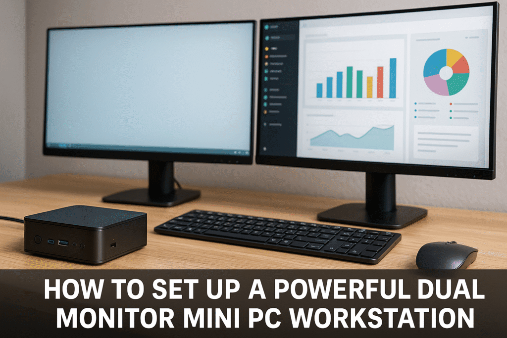 A digital content creator’s workspace featuring a mini PC and dual displays, one showing a video timeline and the other a color grading preview.