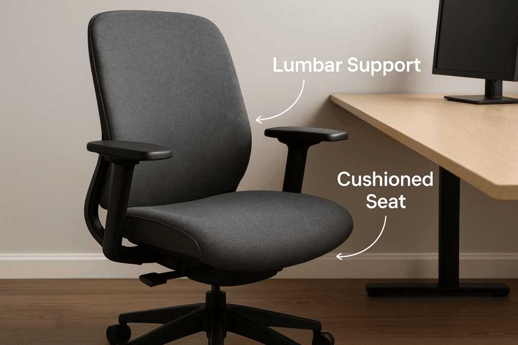 A photo of a cushioned ergonomic office chair with armrests and lumbar support next to a wooden desk in a clean workspace. White text points out “Lumbar Support” and “Cushioned Seat.