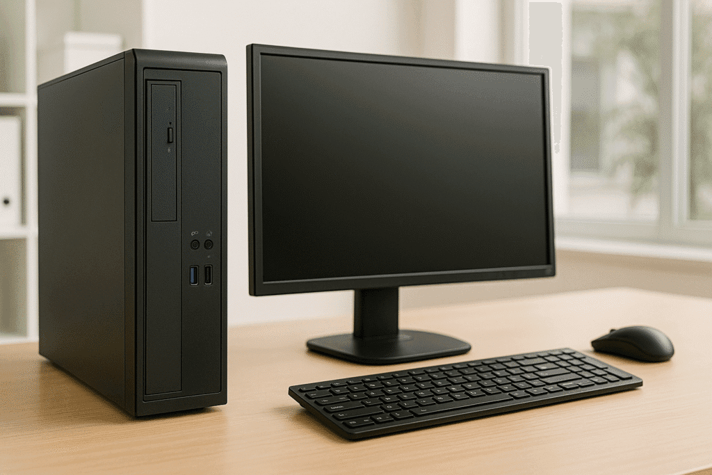 A modern desktop computer tower standing on a light wooden desk with a black monitor, keyboard, and mouse in a minimal, sunlit office with white shelves