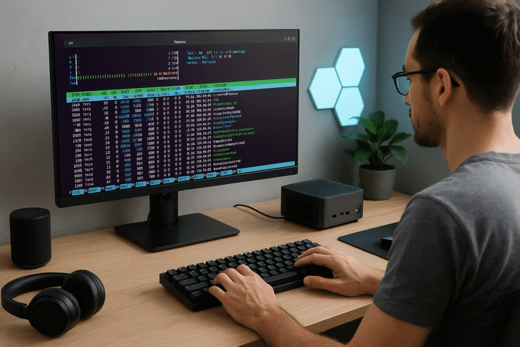 A developer’s desk with a mini PC running a Linux distro and a terminal open on a widescreen monitor, surrounded by a mechanical keyboard, wireless headphones, potted plant, and blue hexagonal LED lights, optimized for coding and software development.