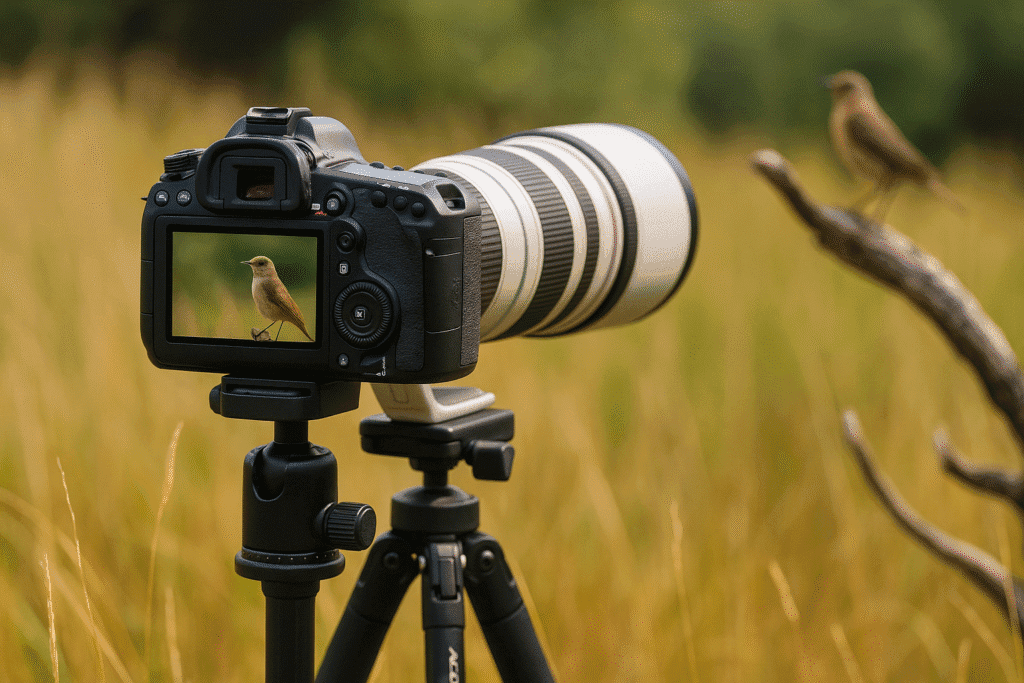 A DSLR camera with a long white telephoto lens mounted on a tripod, capturing an image of a small bird perched on a branch. The camera’s LCD screen displays the bird in focus, set against a blurred background of golden grass.