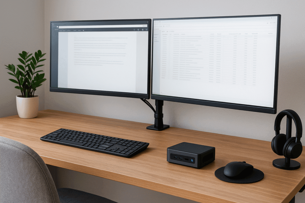 A dual monitor mini PC workstation in a stylish home office, featuring cable management and ergonomic accessories, promoting comfort and productivity