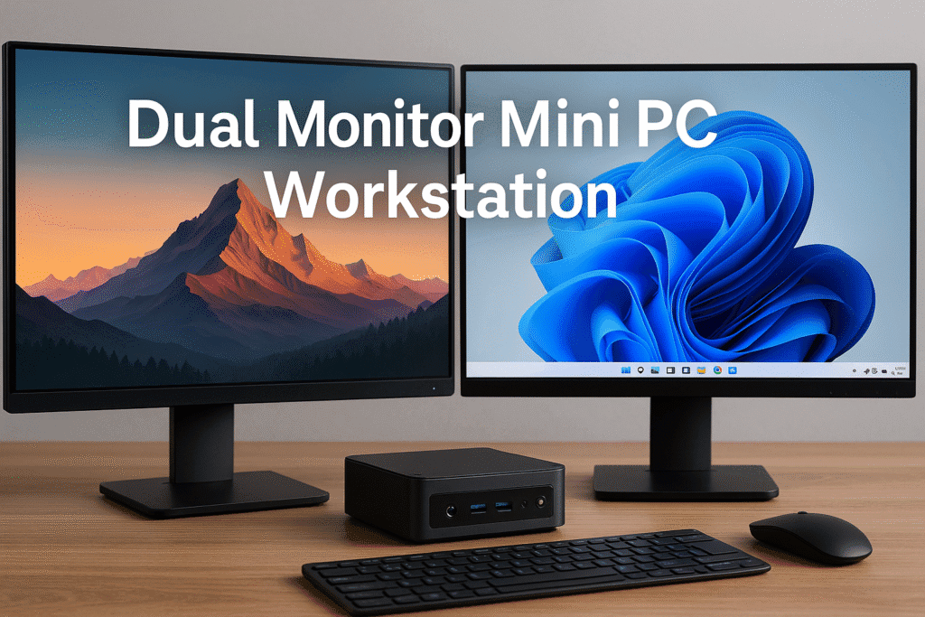 A high-resolution dual monitor workstation powered by a mini PC, featuring a clean desk layout with wireless peripherals and task-specific software on each screen
