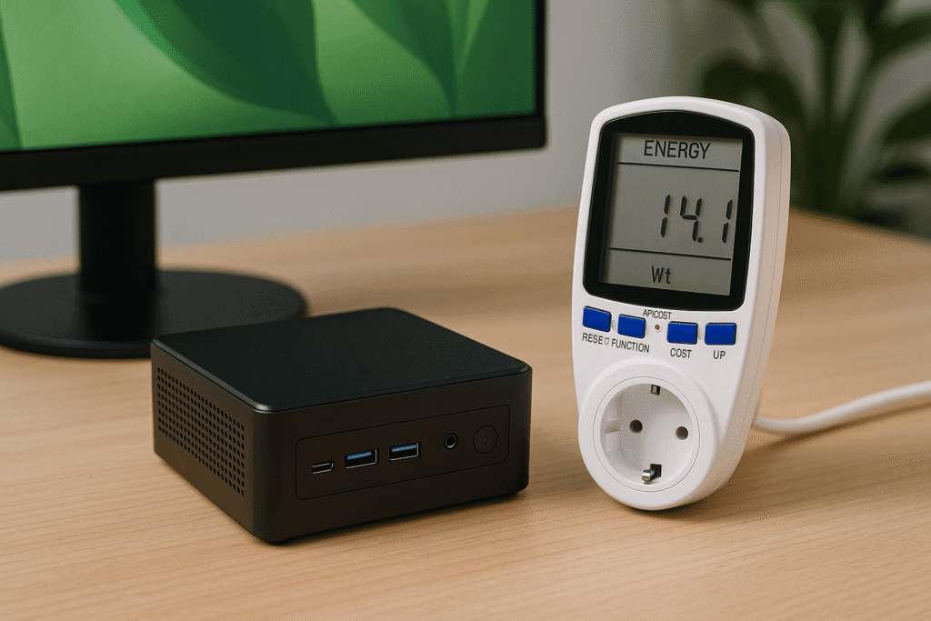 A compact mini PC running next to an energy meter on a modern desk, showcasing its low power consumption ideal for eco-conscious business operations