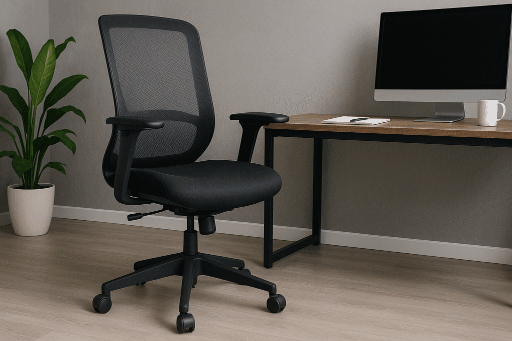 A photo-realistic image of a breathable black ergonomic chair positioned in front of a wooden home office desk with a monitor, notebook, and coffee mug, all against a neutral background with a green plant for warmth