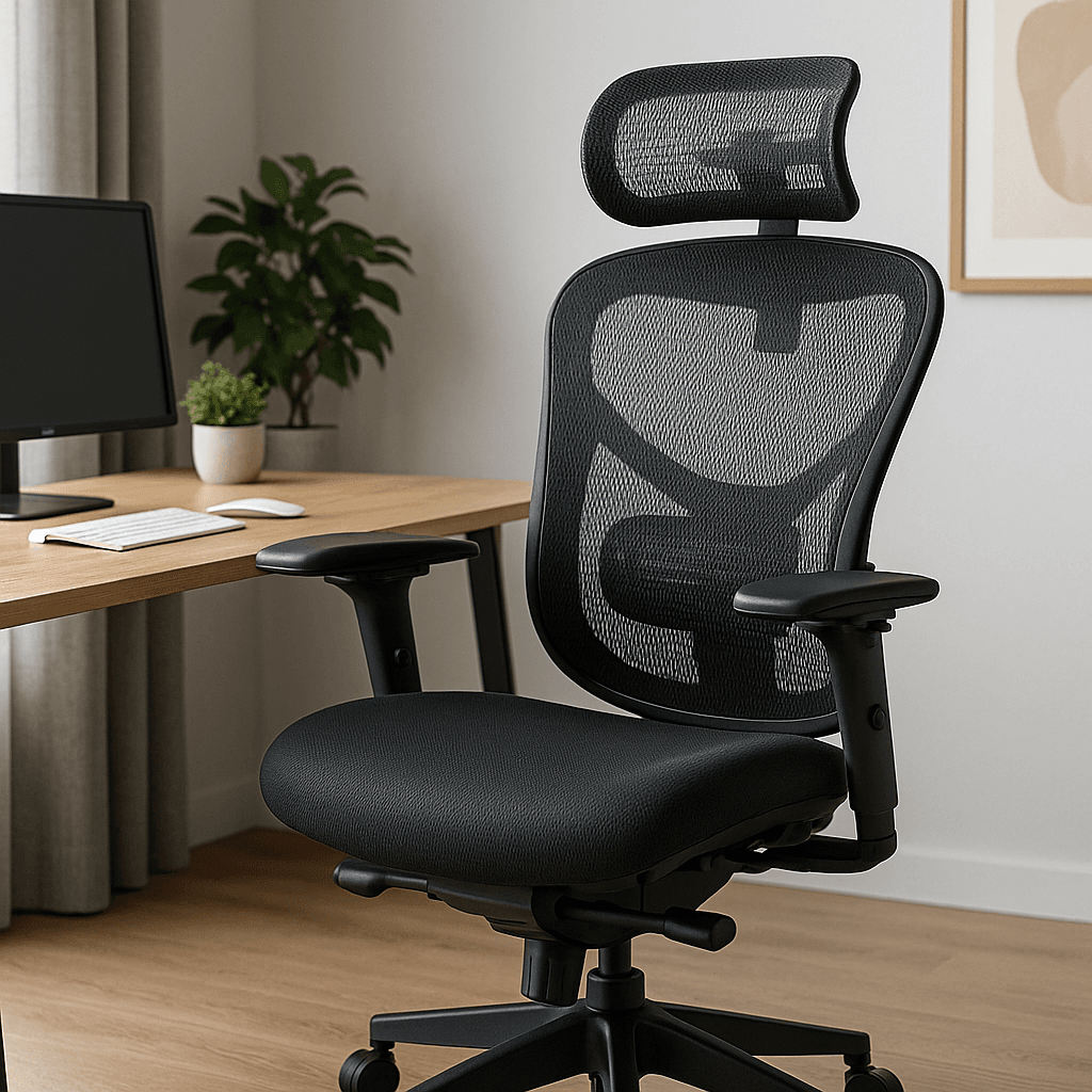 A gray ergonomic office chair with adjustable armrests, lumbar support, and headrest sits beside a laptop on a light wood desk with greenery visible outside the nearby window