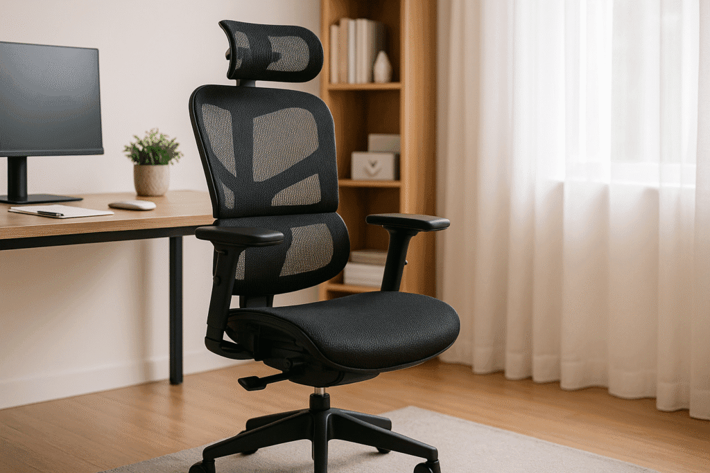 A photo-realistic office scene with a black ergonomic mesh chair, bookshelf, and desk setup in a softly lit workspace with natural decor and sheer white curtains