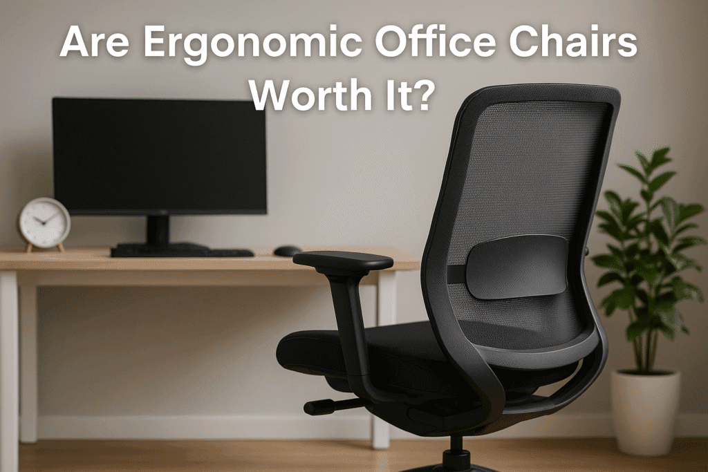 A black mesh ergonomic chair facing a wooden desk with monitor and plant, with bold white text reading “Are Ergonomic Office Chairs Worth It?” in a serene modern office setting.