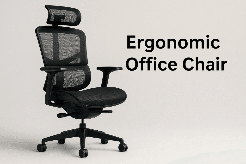 A modern ergonomic office chair featuring a breathable black mesh back, headrest, adjustable armrests, and sturdy caster base, positioned against a light neutral background with bold text reading “Ergonomic Office Chair.”