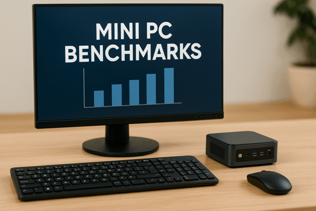 A benchmarking test running on a compact fanless mini PC, highlighting silent system performance and heat-efficient design without active cooling components