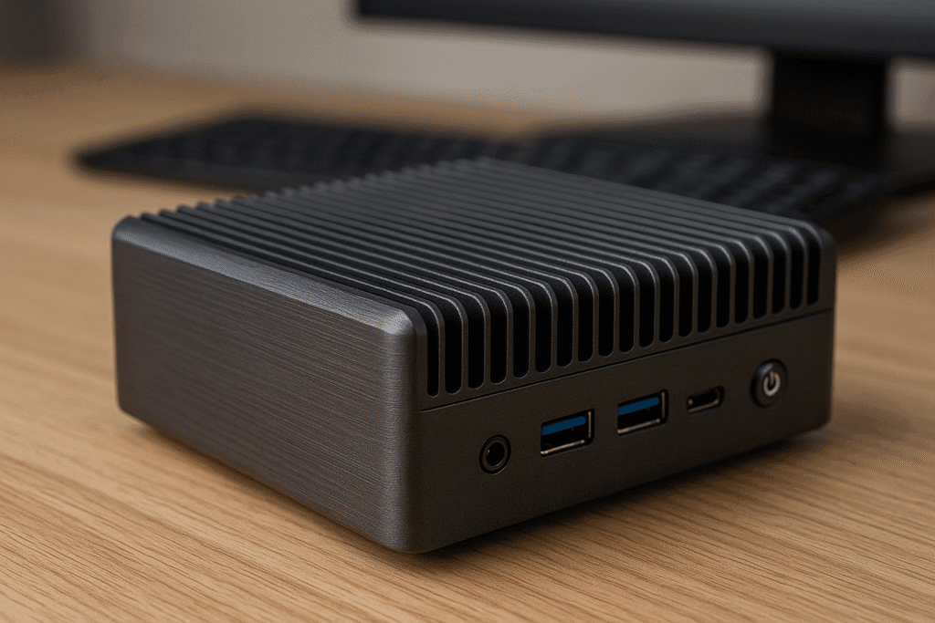 A close-up image of a fanless mini PC featuring a finned aluminum heatsink enclosure, showcasing passive thermal dissipation in a noise-free computing system