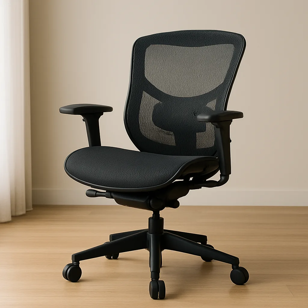 A black ergonomic office chair with breathable mesh backrest, contoured lumbar support, and cushioned seat, set on a wood floor against a neutral background with soft natural lighting.