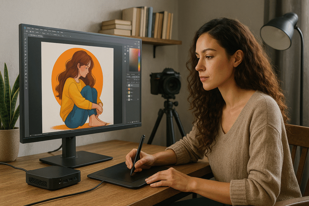 A young digital artist working on a creative project using a mini PC and stylus tablet, surrounded by artwork on dual displays in a modern studio