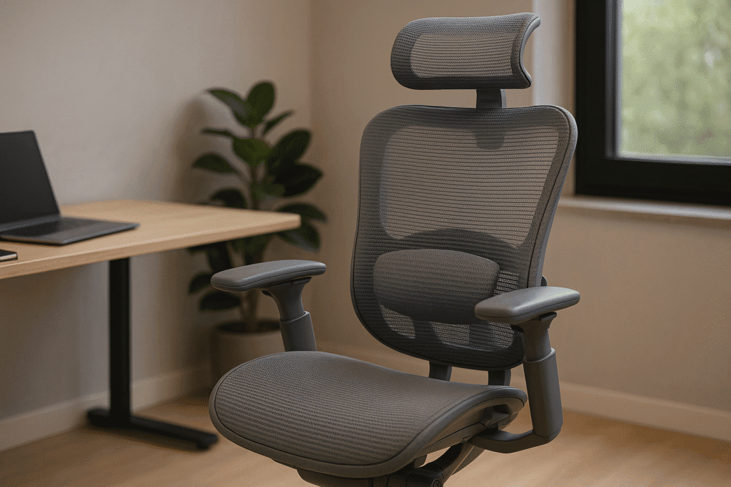 A black mesh ergonomic chair with adjustable support is centered in a bright home office with a computer desk, plants, and framed artwork, creating a peaceful, health-focused workspace