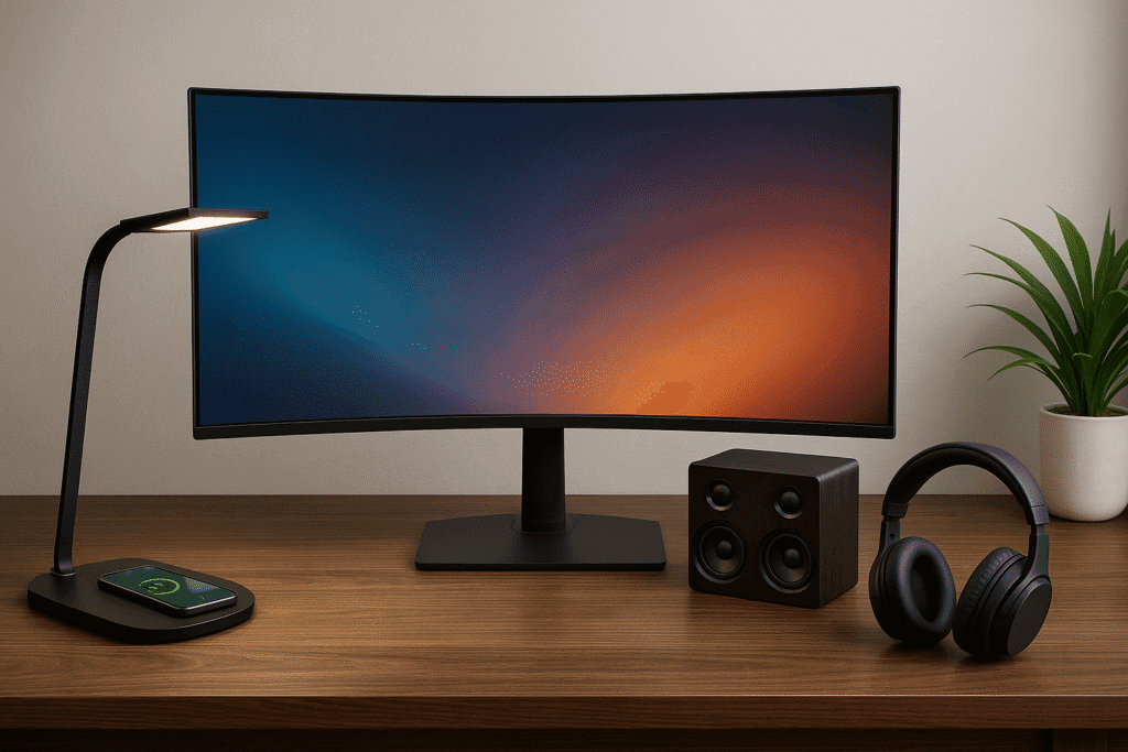 A high-resolution photo of a modern home office setup featuring a 34-inch curved monitor, LED desk lamp with wireless charging pad, wireless stereo speaker, and over-ear headphones on a dark wooden desk with a potted plant