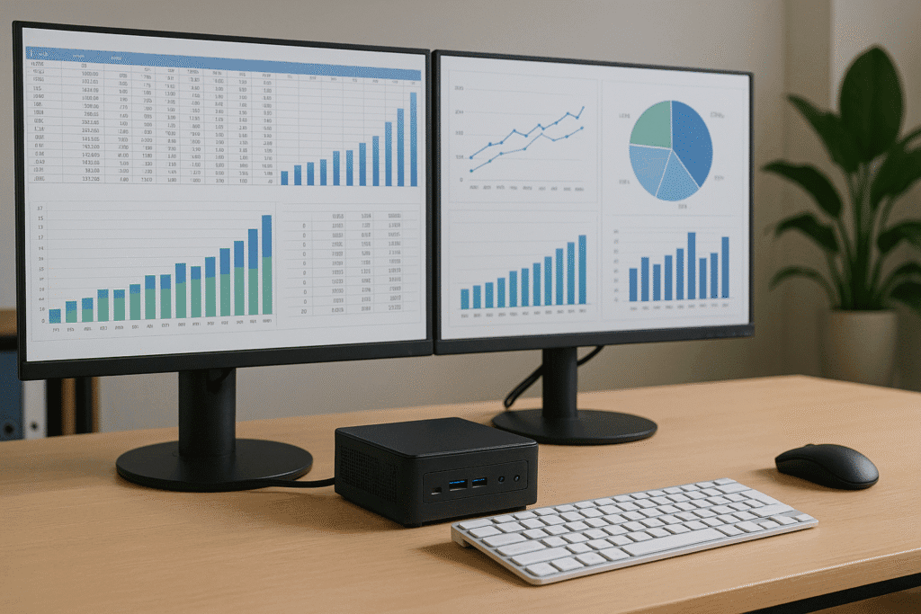 A high-powered mini PC connected to dual monitors in a professional business setting, representing the performance and adaptability of mini PCs for creative or data-heavy tasks