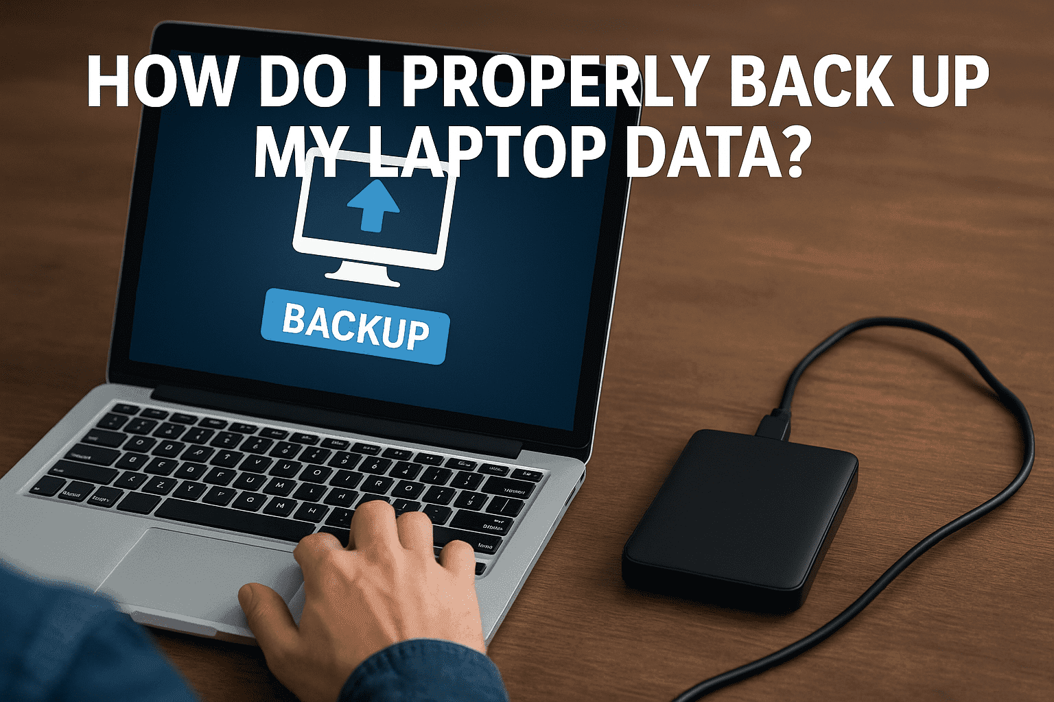A person using a modern laptop with an external hard drive connected, displaying a bold "BACKUP" icon on the screen, representing secure data backup practices