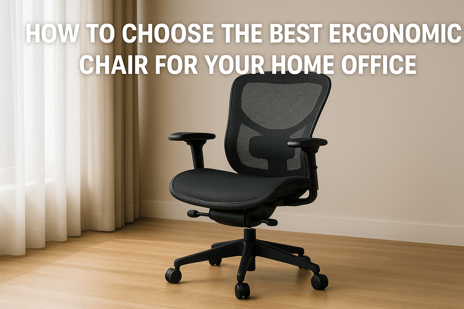 A modern ergonomic office chair with mesh back and lumbar support is positioned near a sunlit window in a minimalist home office. The title “How To Choose The Best Ergonomic Chair For Your Home Office” is displayed in bold white text above the chair.