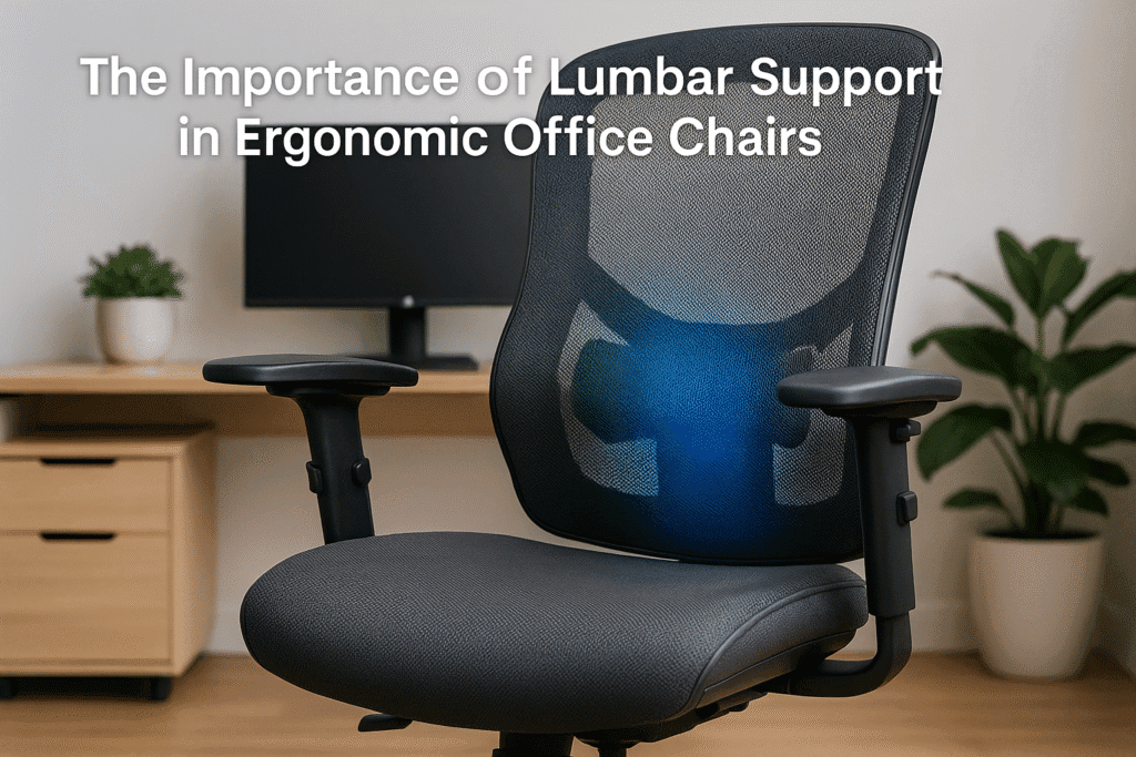 A close-up of an ergonomic office chair with mesh back highlighting lumbar support, placed in front of a minimalist wooden desk and monitor, with white text stating “The Importance of Lumbar Support in Ergonomic Office Chairs.”