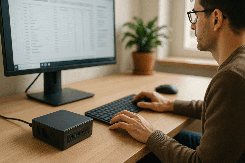 A man focused at a tidy desk using a mini PC connected to a large monitor in a naturally lit home office, highlighting a minimalist and organized setup