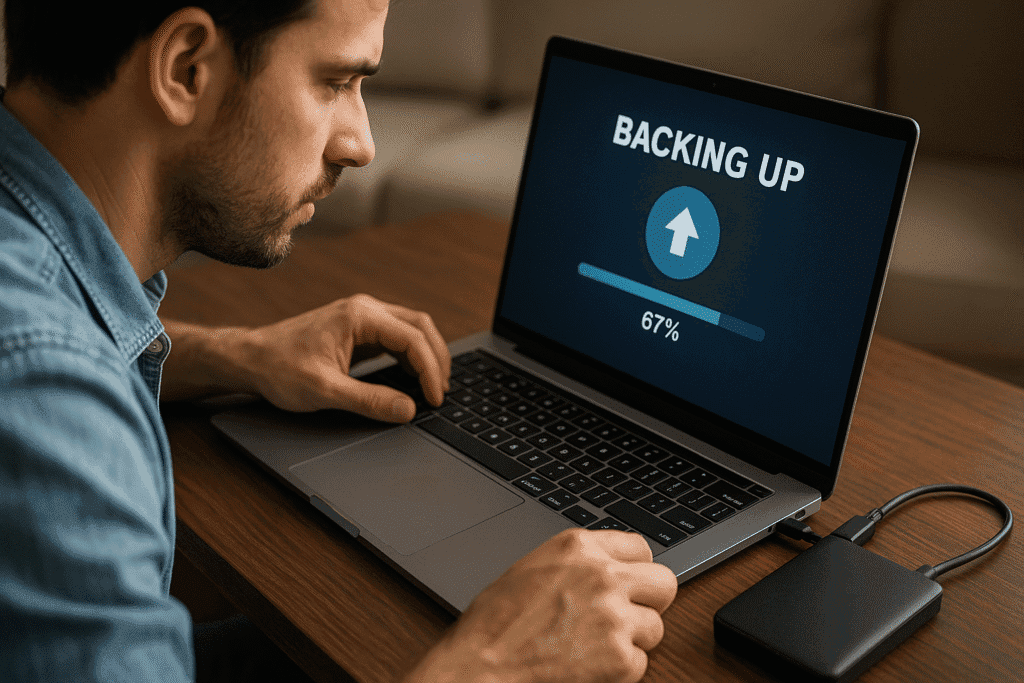 A focused young man backing up his laptop data manually to an external hard drive, showcasing the backup progress on the screen in a home office environment