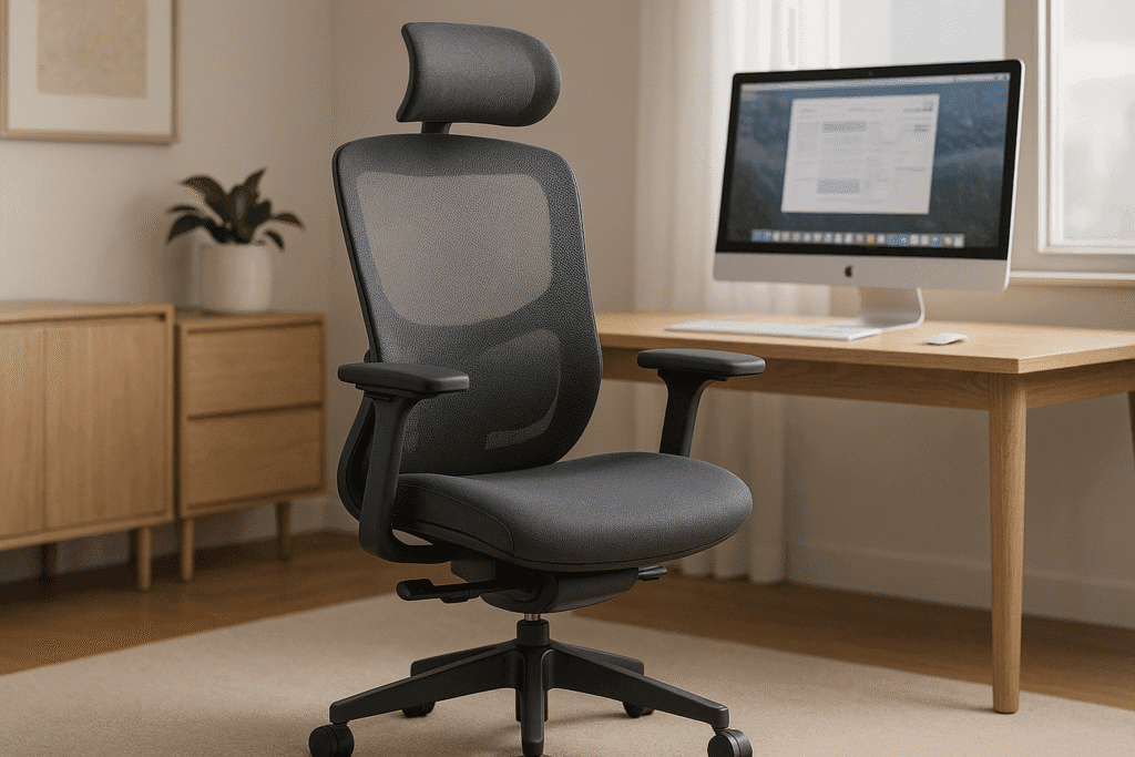 A high-end ergonomic chair with breathable mesh backrest and fabric seat positioned in front of a wooden desk and iMac, in a minimal, sunlit home office with neutral decor