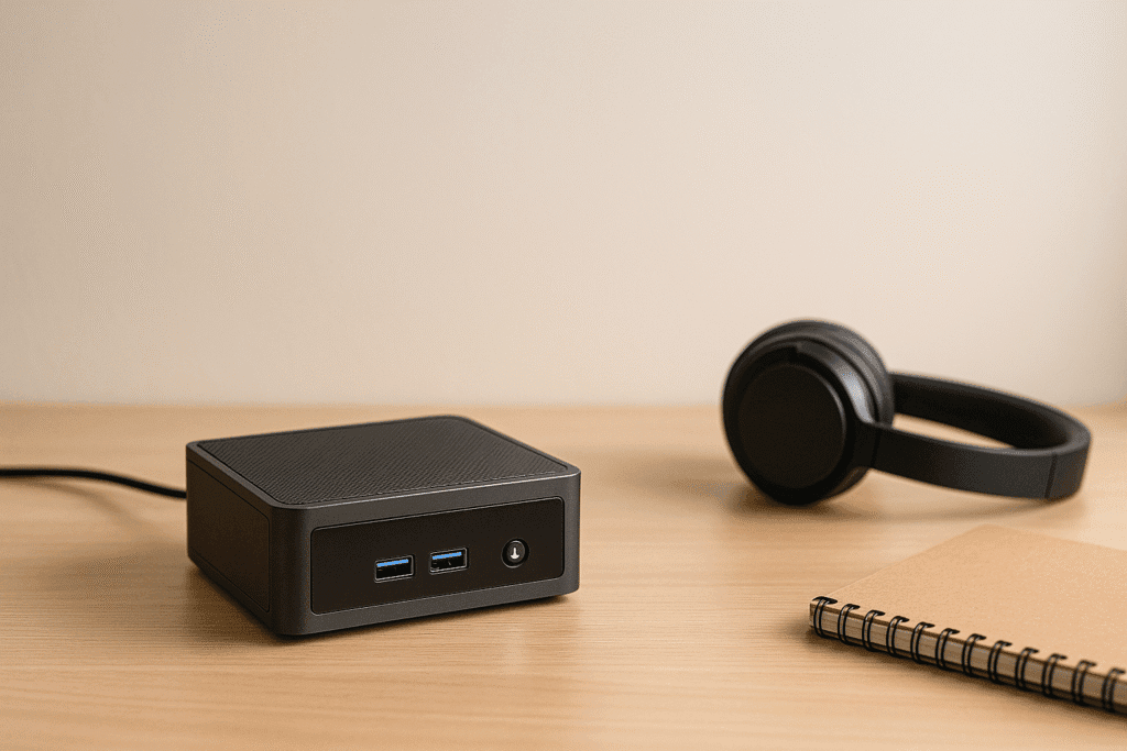 A minimalist workspace featuring a compact mini PC, black headphones, and a brown notebook on a light wooden desk, representing budget-friendly study and productivity solutions