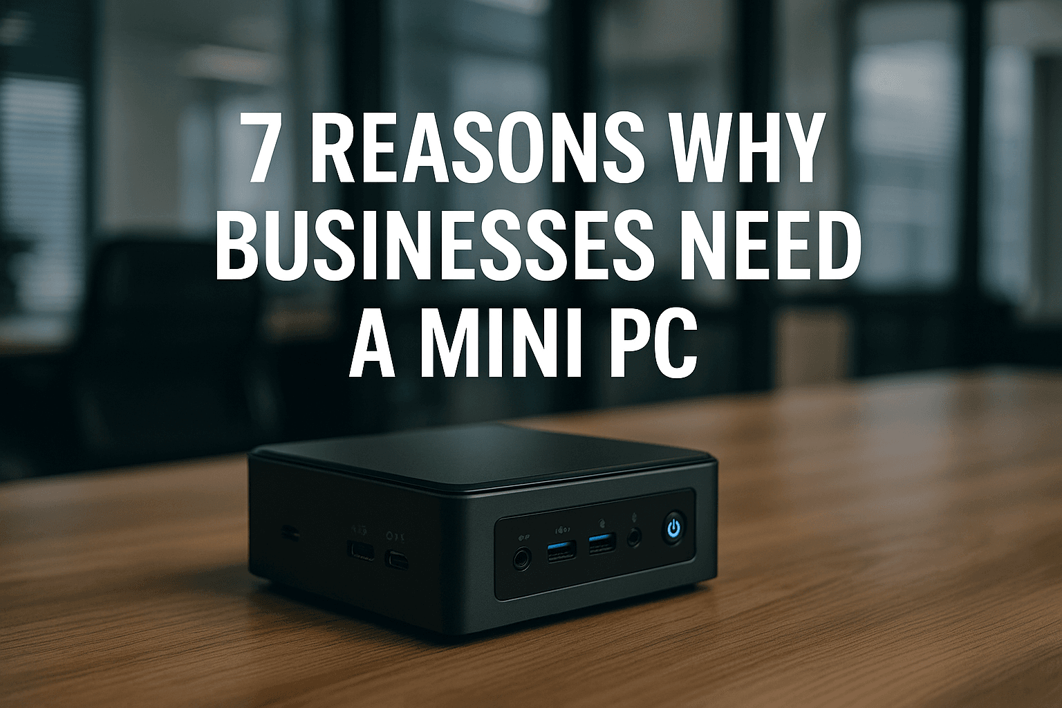 A sleek mini PC on a wooden office desk with natural light and glass walls in the background, featuring the overlaid title text "7 Reasons Why Businesses Need a Mini PC."