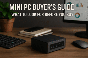 A photo-realistic image of a modern mini PC on a desk surrounded by buyer criteria icons like CPU, RAM, storage, and display, representing a comprehensive mini PC buying guide