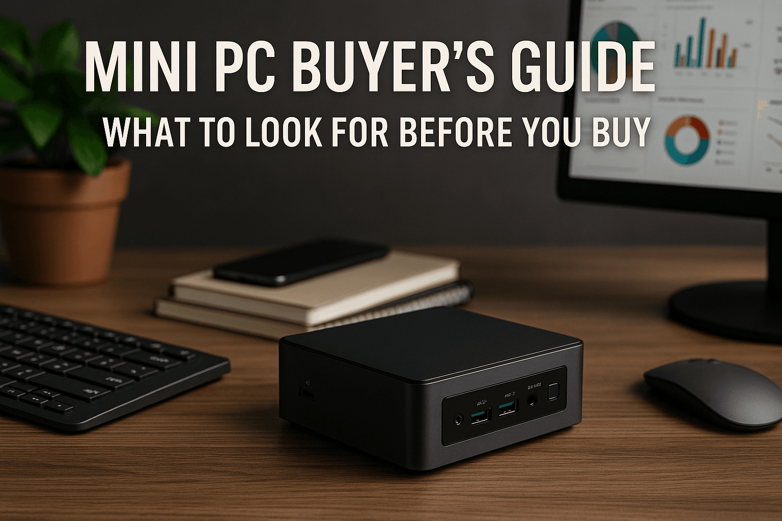 A photo-realistic image of a modern mini PC on a desk surrounded by buyer criteria icons like CPU, RAM, storage, and display, representing a comprehensive mini PC buying guide