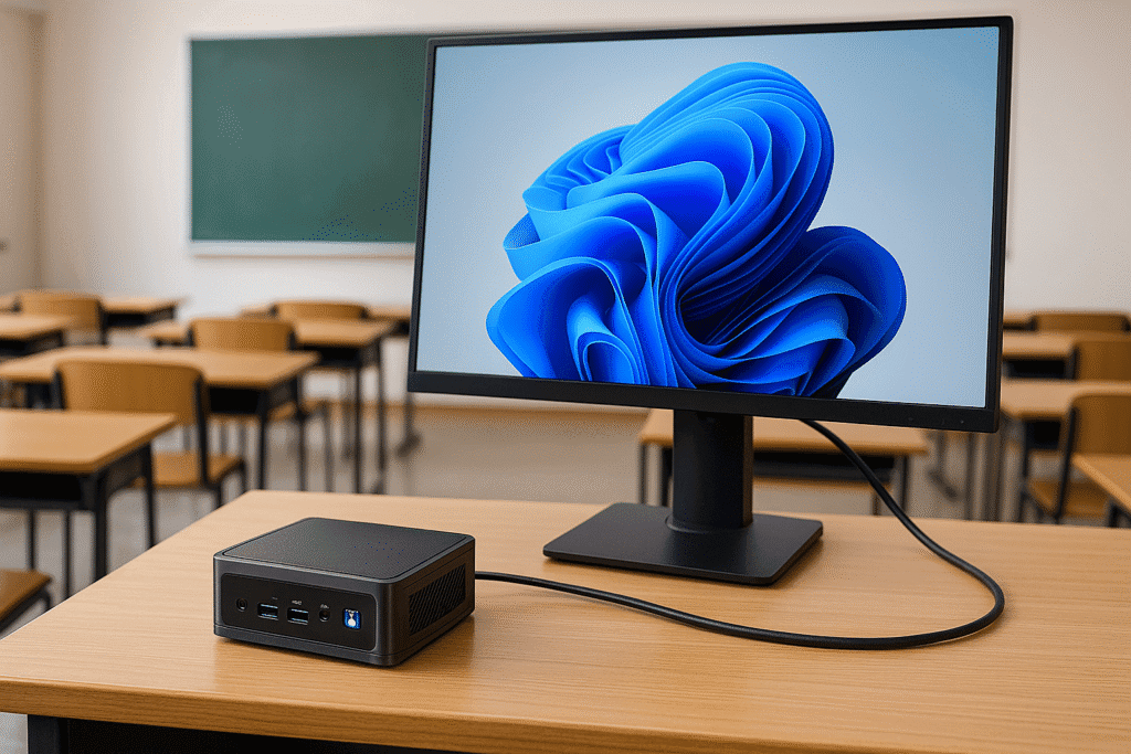 A modern mini PC connected to a large monitor in a classroom, emphasizing technology integration in education