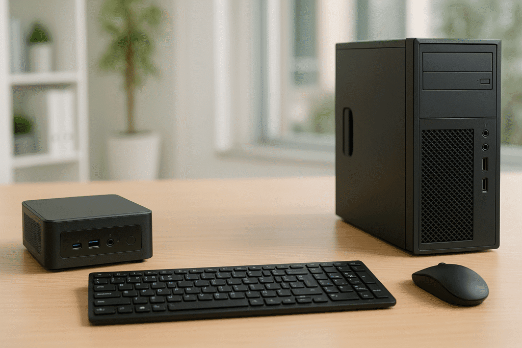 A high-resolution image showcasing a desktop computer tower with a widescreen monitor, black keyboard, and mouse set next to a Mini Pc on a wooden office desk in a bright workspace